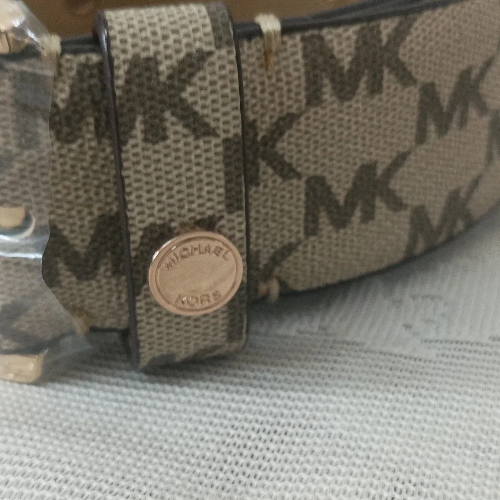 Authentic Michael Kors Womens Gold MK Buckle Belt Light Brown Signature Belt - Picture 4 of 14